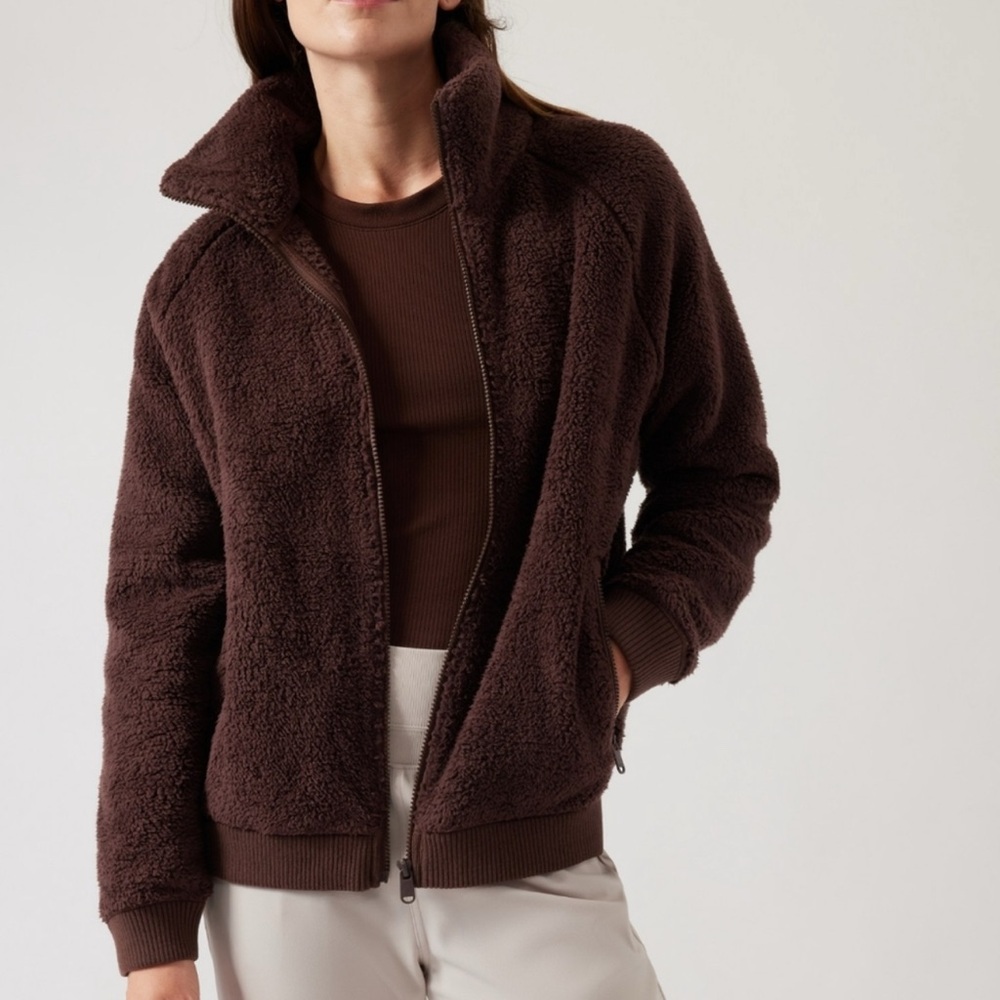 Athleta Tugga II Zip Up Jacket Brown Yoga Sherpa Teddy Mahogany Adult XS NWT